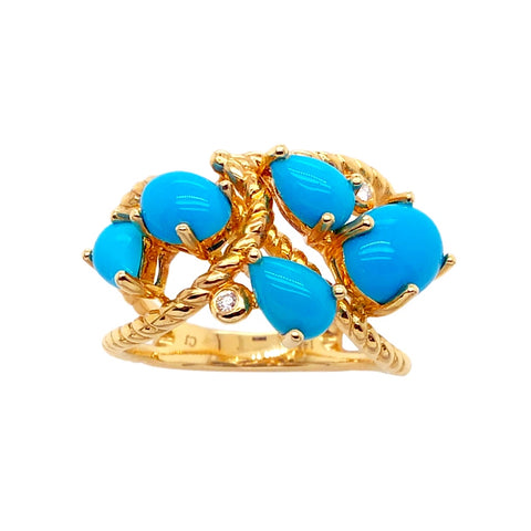 Image of Gold Jewelry - 14K Solid Gold Diamond & Sleeping Beauty Turquoise Cluster Designer Ring