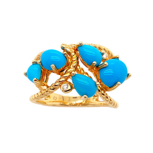 Gold Jewelry - 14K Solid Gold Diamond & Sleeping Beauty Turquoise Cluster Designer Ring