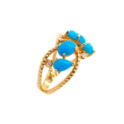 Image of Gold Jewelry - 14K Solid Gold Diamond & Sleeping Beauty Turquoise Cluster Designer Ring