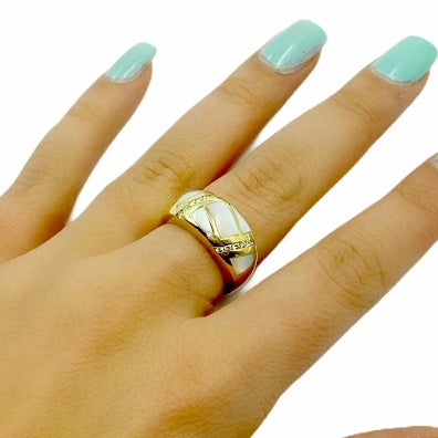 Image of Gold Jewelry - 14K Solid Gold Diamonds & Mother Of Pearl Inlay Designer Ring Band