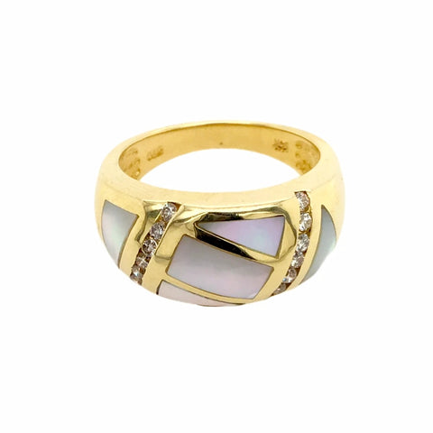 Image of Gold Jewelry - 14K Solid Gold Diamonds & Mother Of Pearl Inlay Designer Ring Band