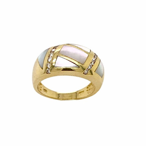 Image of Gold Jewelry - 14K Solid Gold Diamonds & Mother Of Pearl Inlay Designer Ring Band