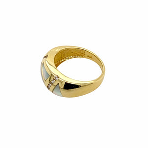 Gold Jewelry - 14K Solid Gold Diamonds & Mother Of Pearl Inlay Designer Ring Band