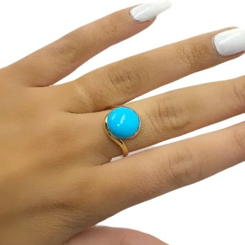 Image of Gold Jewelry - 14K Solid Gold Large Sleeping Beauty Turquoise Cabochon Designer Stylized Ring