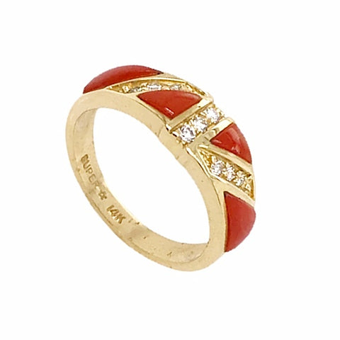 Image of Gold Jewelry - 14K Solid Gold Red Coral Inlay & Diamond Channels Designer Ring Band