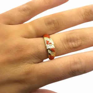 Gold Jewelry - 14K Solid Gold Red Coral Inlay & Diamond Channels Designer Ring Band