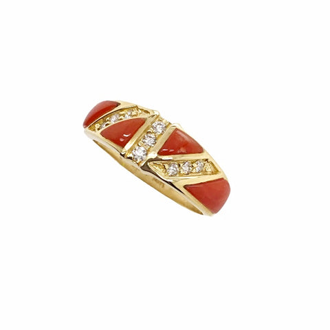 Image of Gold Jewelry - 14K Solid Gold Red Coral Inlay & Diamond Channels Designer Ring Band