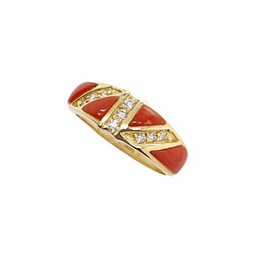 Gold Jewelry - 14K Solid Gold Red Coral Inlay & Diamond Channels Designer Ring Band