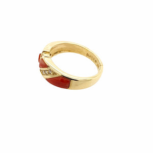 Gold Jewelry - 14K Solid Gold Red Coral Inlay & Diamond Channels Designer Ring Band