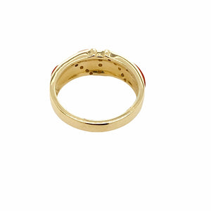 Gold Jewelry - 14K Solid Gold Red Coral Inlay & Diamond Channels Designer Ring Band