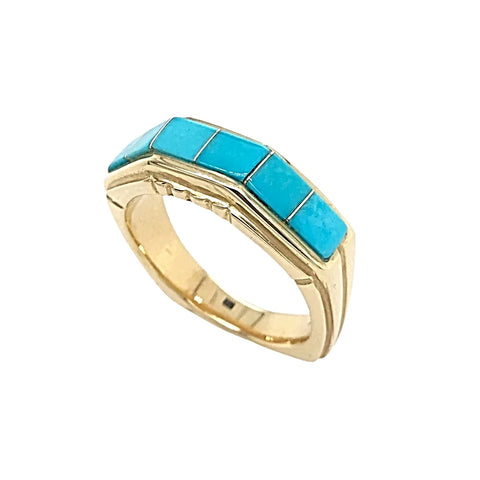 Image of Gold Jewelry - 14K Solid Gold & Sleeping Beauty Turquoise Inlay Designer Geometric Band Ring