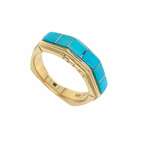 Image of Gold Jewelry - 14K Solid Gold & Sleeping Beauty Turquoise Inlay Designer Geometric Band Ring