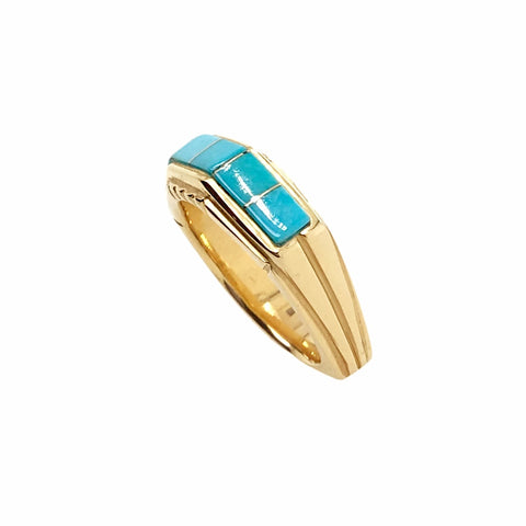 Image of Gold Jewelry - 14K Solid Gold & Sleeping Beauty Turquoise Inlay Designer Geometric Band Ring