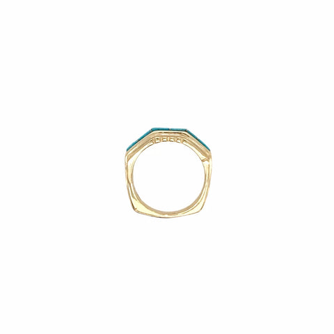 Image of Gold Jewelry - 14K Solid Gold & Sleeping Beauty Turquoise Inlay Designer Geometric Band Ring