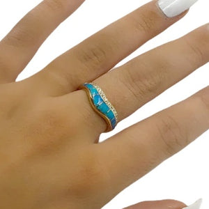 Gold Jewelry - 14K Solid Gold Wavy Diamond & Natural Australian Opal Inlay Designer Ring