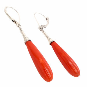 Gold Jewelry - 14K Solid White Gold Red Coral Long Teardrop Designer Earrings