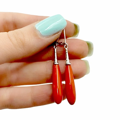 Image of Gold Jewelry - 14K Solid White Gold Red Coral Long Teardrop Designer Earrings