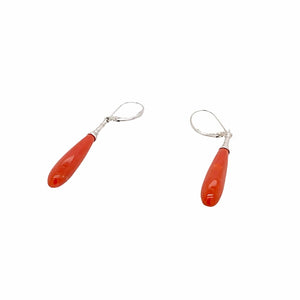 Gold Jewelry - 14K Solid White Gold Red Coral Long Teardrop Designer Earrings