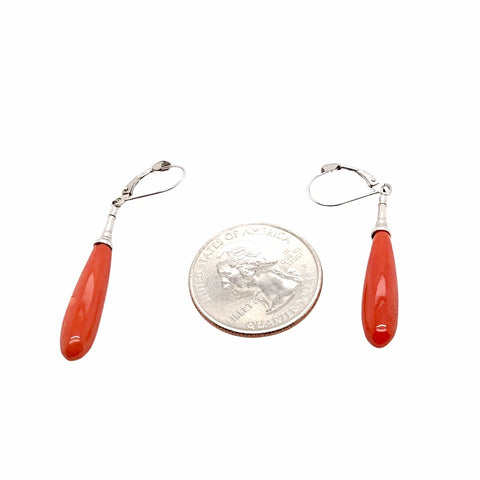 Image of Gold Jewelry - 14K Solid White Gold Red Coral Long Teardrop Designer Earrings