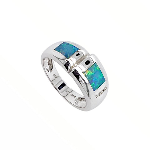 Image of Gold Jewelry - 14K White Gold Australian Opal Inlay & Diamond Designer Ring