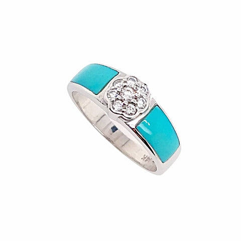 Image of Gold Jewelry - 14K White Gold Diamond Flower & Carico Lake Turquoise Inlay Designer Ring