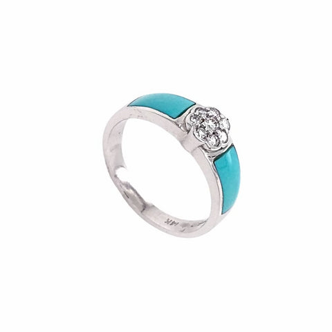 Image of Gold Jewelry - 14K White Gold Diamond Flower & Carico Lake Turquoise Inlay Designer Ring