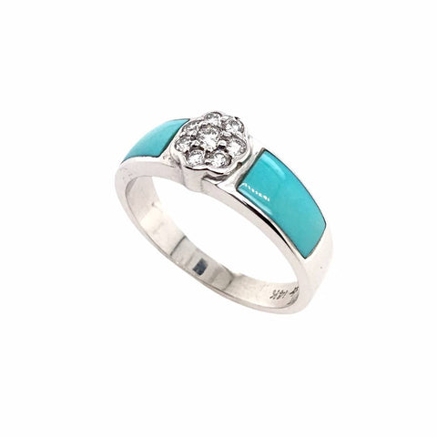 Image of Gold Jewelry - 14K White Gold Diamond Flower & Carico Lake Turquoise Inlay Designer Ring