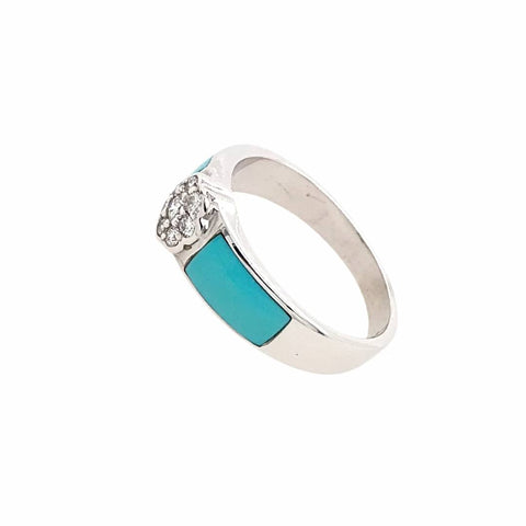 Image of Gold Jewelry - 14K White Gold Diamond Flower & Carico Lake Turquoise Inlay Designer Ring