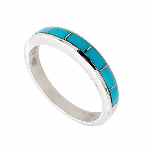 Image of Gold Jewelry - 14K White Gold Sleeping Beauty Turquoise Inlay Designer Band Ring