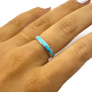 Gold Jewelry - 14K White Gold Sleeping Beauty Turquoise Inlay Designer Band Ring
