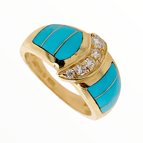 Image of Gold Jewelry - 14K Yellow Gold Diamond Crescent & Sleeping Beauty Turquoise Inlay Designer Ring