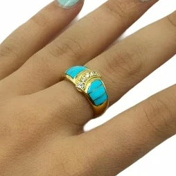 Image of Gold Jewelry - 14K Yellow Gold Diamond Crescent & Sleeping Beauty Turquoise Inlay Designer Ring