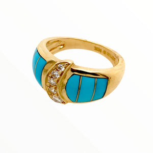 Gold Jewelry - 14K Yellow Gold Diamond Crescent & Sleeping Beauty Turquoise Inlay Designer Ring