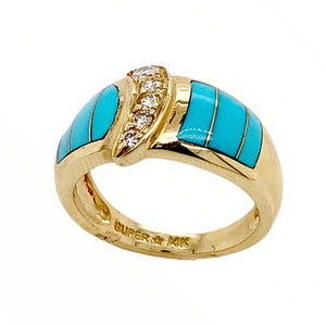 Gold Jewelry - 14K Yellow Gold Diamond Crescent & Sleeping Beauty Turquoise Inlay Designer Ring