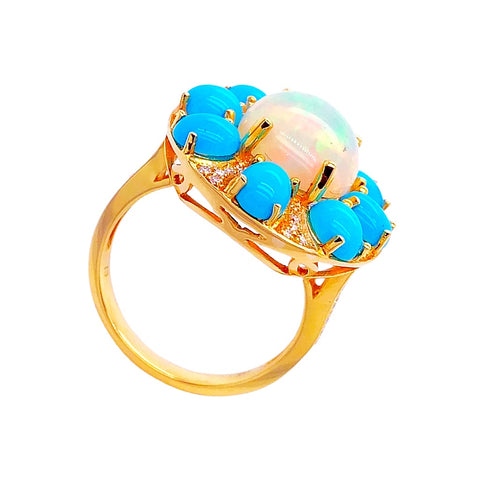 Gold Jewelry - 18K Solid Gold Diamonds Opal & Sleeping Beauty Turquoise Fine Designer Ring Band