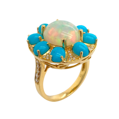 Image of Gold Jewelry - 18K Solid Gold Diamonds Opal & Sleeping Beauty Turquoise Fine Designer Ring Band