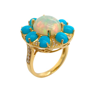 Gold Jewelry - 18K Solid Gold Diamonds Opal & Sleeping Beauty Turquoise Fine Designer Ring Band