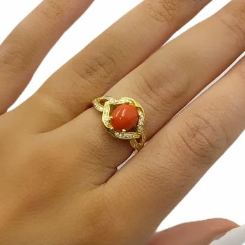 Image of Gold Jewelry - 18K Solid Gold Red Coral Cabochon & Diamonds Stylized Halo Designer Ring Band