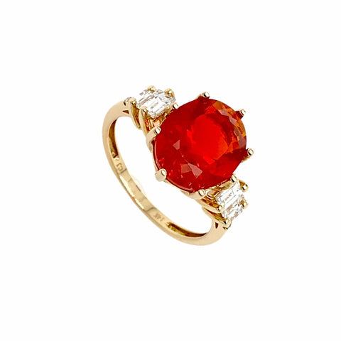 Image of Gold Jewelry - Fine Designer 14K Solid Gold 2.35 CT Red Fire Opal & .47 Diamond Baguette Ring