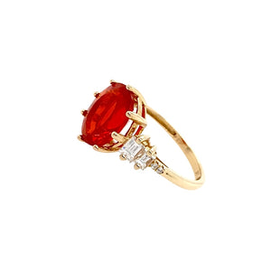 Gold Jewelry - Fine Designer 14K Solid Gold 2.35 CT Red Fire Opal & .47 Diamond Baguette Ring