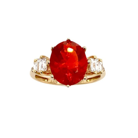 Image of Gold Jewelry - Fine Designer 14K Solid Gold 2.35 CT Red Fire Opal & .47 Diamond Baguette Ring
