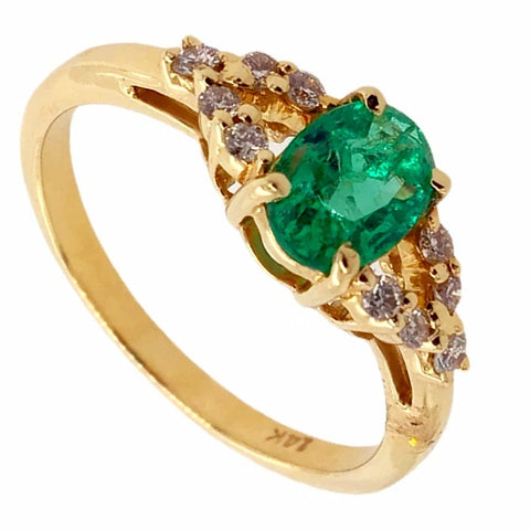 Image of Gold Jewelry - Fine Designer 14K Solid Gold .69 CT Oval Emerald & Diamond Ring