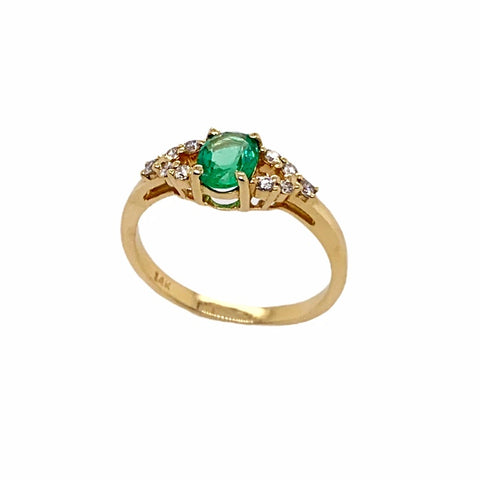 Image of Gold Jewelry - Fine Designer 14K Solid Gold .69 CT Oval Emerald & Diamond Ring