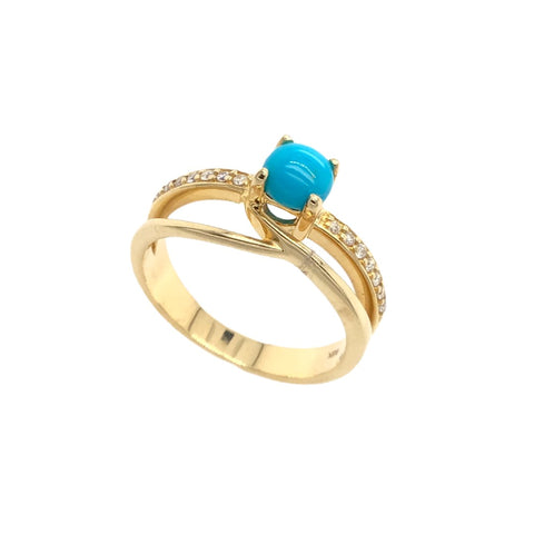 Image of Gold Jewelry - Fine Designer 14K Solid Gold Diamond Channel & Sleeping Beauty Turquoise Double Banded Ring