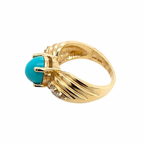 Image of Gold Jewelry - Fine Designer 14K Solid Gold Diamond & Sleeping Beauty Turquoise Cabochon Ring