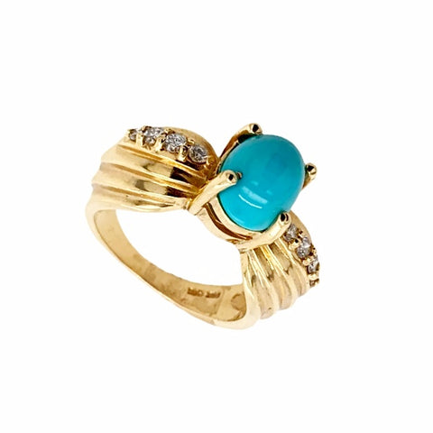 Image of Gold Jewelry - Fine Designer 14K Solid Gold Diamond & Sleeping Beauty Turquoise Cabochon Ring