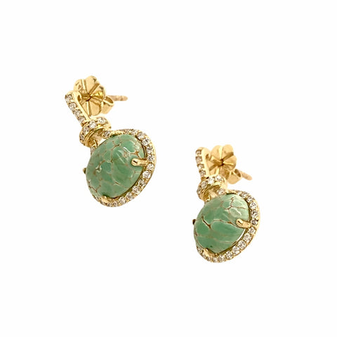 Image of Gold Jewelry - Fine Designer 14K Solid Gold Diamonds & Carico Lake Turquoise Post Stud Dangle Earrings