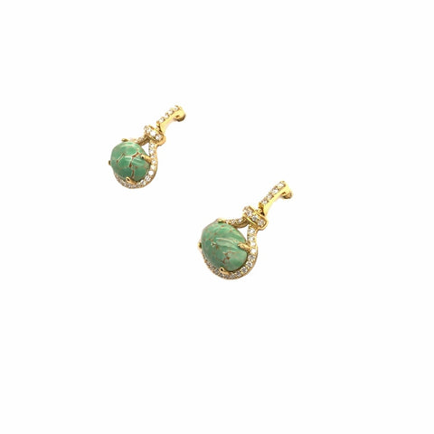 Image of Gold Jewelry - Fine Designer 14K Solid Gold Diamonds & Carico Lake Turquoise Post Stud Dangle Earrings