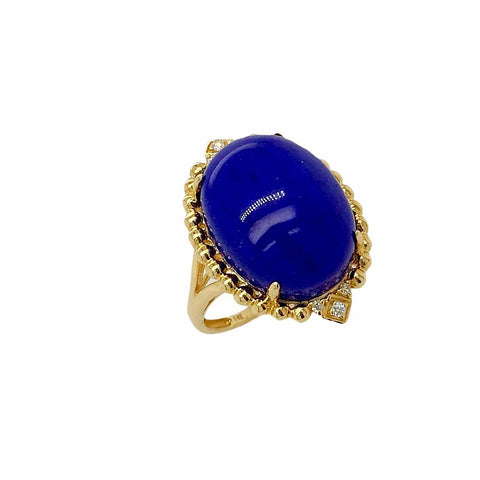 Image of Gold Jewelry - Fine Designer 14K Solid Gold Lapis Cabochon Oval Diamond Ring