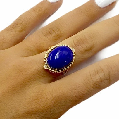 Image of Gold Jewelry - Fine Designer 14K Solid Gold Lapis Cabochon Oval Diamond Ring